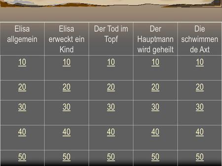 Elisa allgemein Elisa erweckt ein Kind Der Tod im Topf Der Hauptmann wird geheilt Die schwimmen de Axt 10 20 30 40 50.
