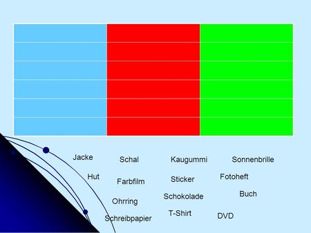 Jacke SchalKaugummiSonnenbrille Farbfilm Sticker FotoheftHut Ohrring Schokolade Buch Schreibpapier T-Shirt DVD.