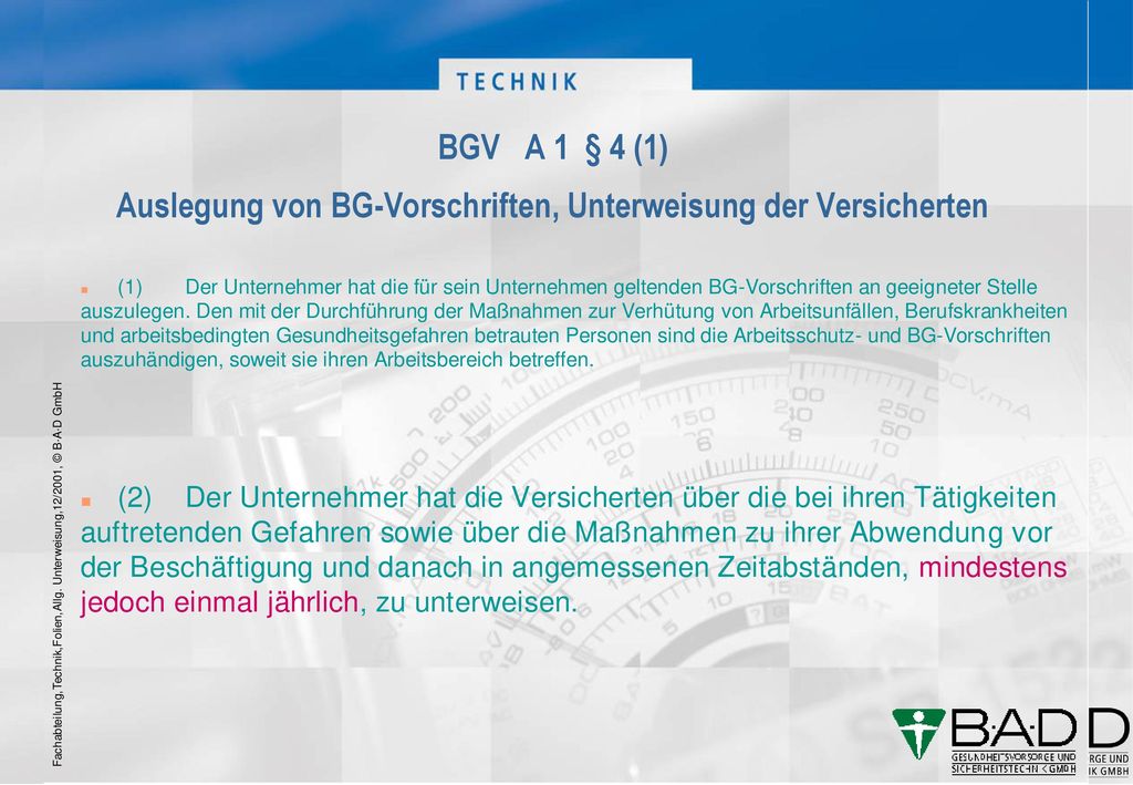 Arbeitsschutz-Unterweisung nach BGV A1 §4 Abs. 1+2 - ppt herunterladen