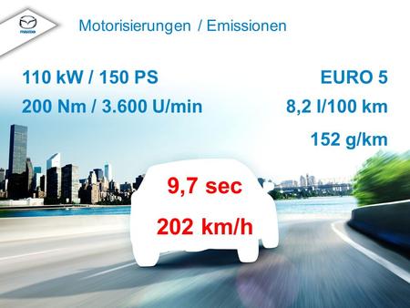 © MazdaMazda CX-5 Produkttraining 2012 Motorisierungen / Emissionen EURO 5 8,2 l/100 km 152 g/km 110 kW / 150 PS 200 Nm / 3.600 U/min 9,7 sec 202 km/h.