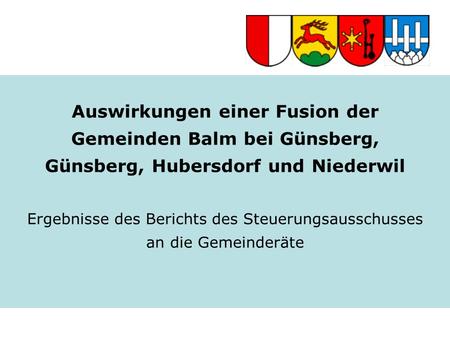 Auswirkungen einer Fusion der Gemeinden Balm bei Günsberg, Günsberg, Hubersdorf und Niederwil Ergebnisse des Berichts des Steuerungsausschusses an die.