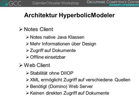 DaimlerChrysler Workshop Architektur HyperbolicModeler  Notes Client  Notes native Java Klassen  Mehr Informationen über Design  Zugriff auf Dokumente.