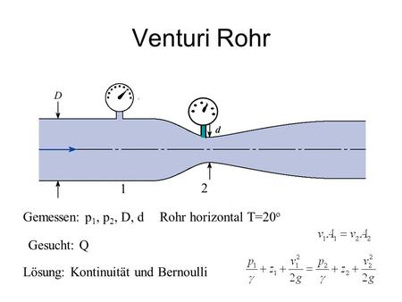 Venturi Rohr 1 2 Gemessen: p1, p2, D, d Rohr horizontal T=20o