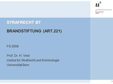 1 STRAFRECHT BT STRAFRECHT BT BRANDSTIFTUNG (ART.221) FS 2008 Prof. Dr. H. Vest Institut für Strafrecht und Kriminologie Universität Bern.