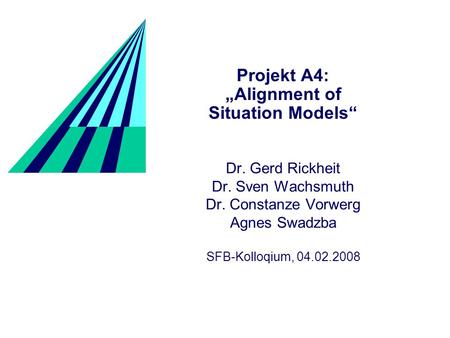 Projekt A4: „Alignment of Situation Models“ Dr. Gerd Rickheit Dr. Sven Wachsmuth Dr. Constanze Vorwerg Agnes Swadzba SFB-Kolloqium, 04.02.2008.