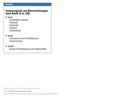 Rothe, Karin; Tsokos, Michael; Handrick, Werner Tier- und Menschenbissverletzungen Dtsch Arztebl Int 2015; 112(25): 433-42; DOI: 10.3238/arztebl.2015.0433.