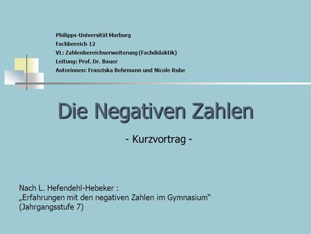 Die Negativen Zahlen - Kurzvortrag -