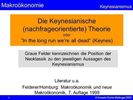Die Keynesianische (nachfrageorientierte) Theorie oder ”In the long run we‘re all dead“ (Keynes) Graue Felder kennzeichnen die Position der Neoklassik.