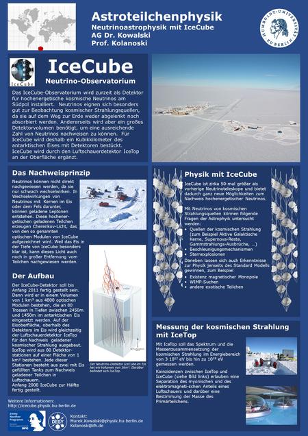 IceCube Neutrino-Observatorium Das IceCube-Observatorium wird zurzeit als Detektor für hochenergetische kosmische Neutrinos am Südpol installiert. Neutrinos.
