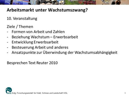 Arbeitsmarkt unter Wachstumszwang? Eidg. Forschungsanstalt für Wald, Schnee und Landschaft WSL 1 Ziele / Themen -Formen von Arbeit und Zahlen -Beziehung.