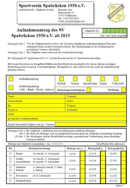 Aufnahmeantrag des SV Spabrücken 1950 e.V. ab 2015