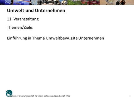Umwelt und Unternehmen Eidg. Forschungsanstalt für Wald, Schnee und Landschaft WSL 1 Themen/Ziele: Einführung in Thema Umweltbewusste Unternehmen 11. Veranstaltung.