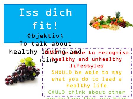 Iss dich fit! Objektiv; To talk about healthy living and eating MUST be able to recognise healthy and unhealthy lifestyles SHOULD be able to say what.