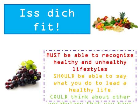 Iss dich fit! MUST be able to recognise healthy and unhealthy lifestyles SHOULD be able to say what you do to lead a healthy life COULD think about other.