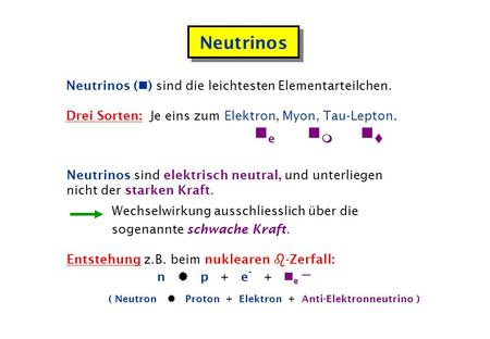 Neutrinos Neutrinos () sind die leichtesten Elementarteilchen.