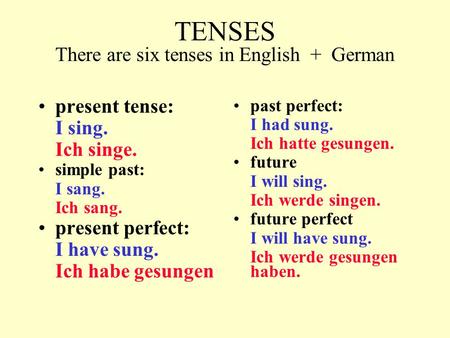 TENSES There are six tenses in English + German present tense: I sing. Ich singe. simple past: I sang. Ich sang. present perfect: I have sung. Ich habe.