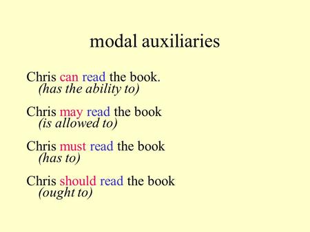 Modal auxiliaries Chris can read the book. (has the ability to) Chris may read the book (is allowed to) Chris must read the book (has to) Chris should.