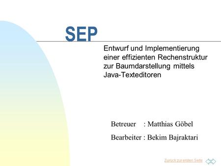 Zurück zur ersten Seite SEP Entwurf und Implementierung einer effizienten Rechenstruktur zur Baumdarstellung mittels Java-Texteditoren Betreuer : Matthias.
