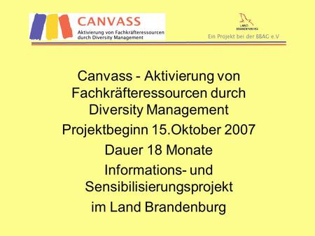 Ein Projekt bei der BBAG e.V Canvass - Aktivierung von Fachkräfteressourcen durch Diversity Management Projektbeginn 15.Oktober 2007 Dauer 18 Monate Informations-