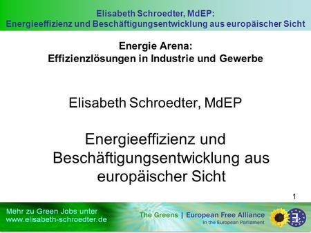 Elisabeth Schroedter, MdEP: Energieeffizienz und Beschäftigungsentwicklung aus europäischer Sicht 1 Energie Arena: Effizienzlösungen in Industrie und Gewerbe.