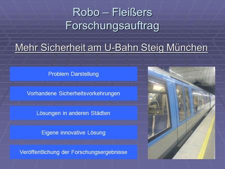 Robo – Fleißers Forschungsauftrag Mehr Sicherheit am U-Bahn Steig München Problem Darstellung Vorhandene Sicherheitsvorkehrungen Eigene innovative Lösung.