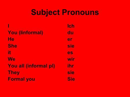Subject Pronouns I You (Iinformal) He She it We You all (informal pl)