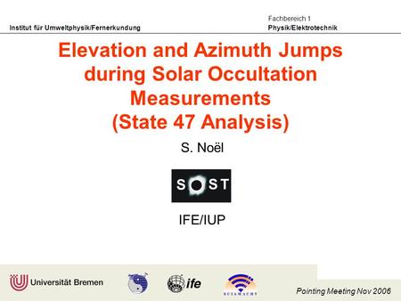 Institut für Umweltphysik/Fernerkundung Physik/Elektrotechnik Fachbereich 1 Pointing Meeting Nov 2006 S. Noël IFE/IUP Elevation and Azimuth Jumps during.