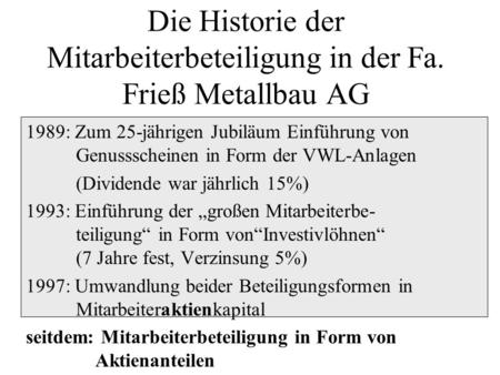 Die Historie der Mitarbeiterbeteiligung in der Fa. Frieß Metallbau AG