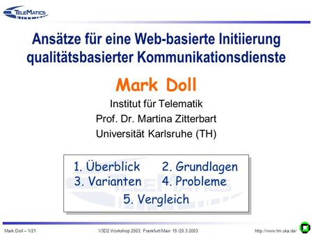 Mark Doll – 1/21V3D2 Workshop 2003, Frankfurt/Main 19./20.3.2003http://www.tm.uka.de/ Ansätze für eine Web-basierte Initiierung qualitätsbasierter Kommunikationsdienste.