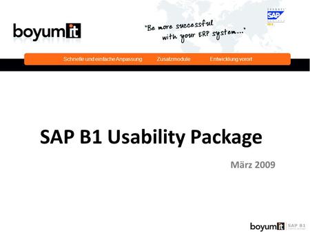 Schnelle und einfache Anpassung Zusatzmodule Entwicklung vorort SAP B1 Usability Package März 2009.