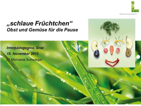 „schlaue Früchtchen“ Obst und Gemüse für die Pause Interpädagogica, Graz 15. November 2013 DI Michaela Schwaiger.