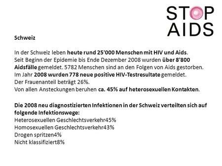 Schweiz In der Schweiz leben heute rund 25'000 Menschen mit HIV und Aids. Seit Beginn der Epidemie bis Ende Dezember 2008 wurden über 8'800 Aidsfälle gemeldet.