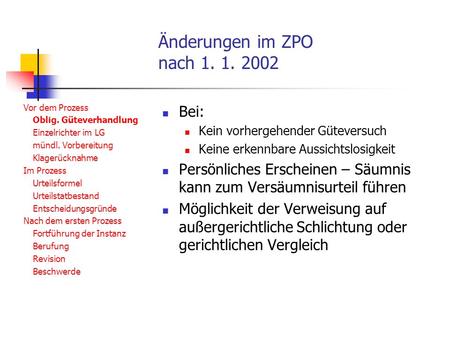 Änderungen im ZPO nach 1. 1. 2002 Vor dem Prozess Oblig. Güteverhandlung Einzelrichter im LG mündl. Vorbereitung Klagerücknahme Im Prozess Urteilsformel.