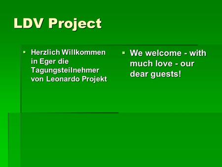LDV Project Herzlich Willkommen in Eger die Tagungsteilnehmer von Leonardo Projekt Herzlich Willkommen in Eger die Tagungsteilnehmer von Leonardo Projekt.