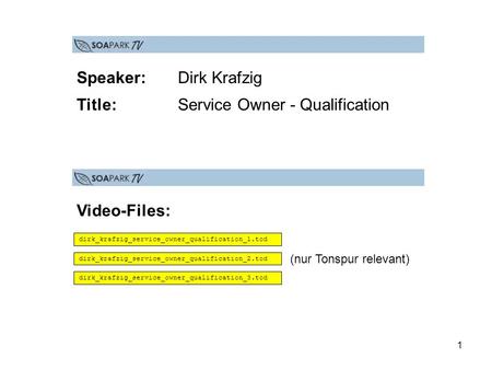 1 dirk_krafzig_service_owner_qualification_1.tod dirk_krafzig_service_owner_qualification_2.tod dirk_krafzig_service_owner_qualification_3.tod Video-Files: