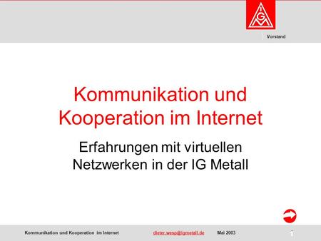 Kommunikation und Kooperation im  1 Vorstand 1 Kommunikation und Kooperation im Internet.