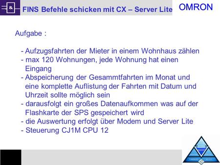 OMRON 1 FINS Befehle schicken mit CX – Server Lite Aufgabe :