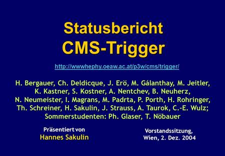 Vorstandssitzung, Wien, 2. Dez. 2004 Präsentiert von Hannes Sakulin StatusberichtCMS-Trigger H. Bergauer, Ch.