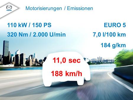 © MazdaMazda CX-5 Produkttraining 2012 Motorisierungen / Emissionen EURO 5 7,0 l/100 km 184 g/km 110 kW / 150 PS 320 Nm / 2.000 U/min 11,0 sec 188 km/h.
