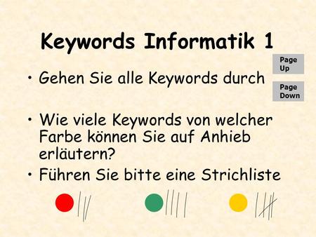 Keywords Informatik 1 Gehen Sie alle Keywords durch Wie viele Keywords von welcher Farbe können Sie auf Anhieb erläutern? Führen Sie bitte eine Strichliste.