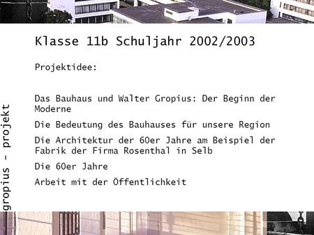 Klasse 11b Schuljahr 2002/2003 Projektidee:
