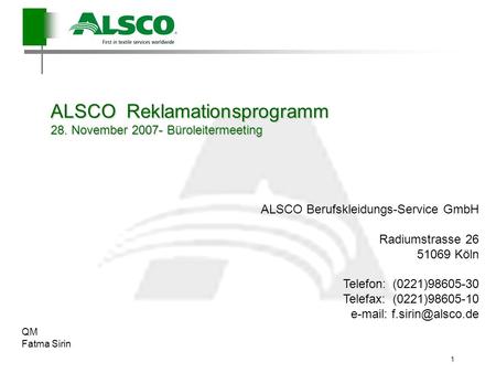 ALSCO Reklamationsprogramm 28. November Büroleitermeeting