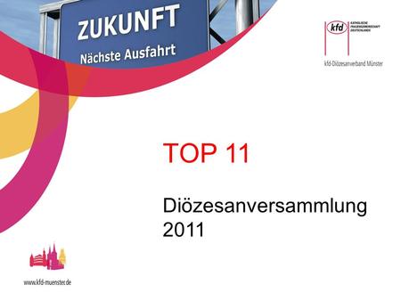 TOP 11 Diözesanversammlung 2011. Vorgehensweise TOP 11 1.Inhaltliche Einstimmung 2.Inhaltliche Einführung 3.General-Debatte zum Gesamtpapier 4.Antrag.