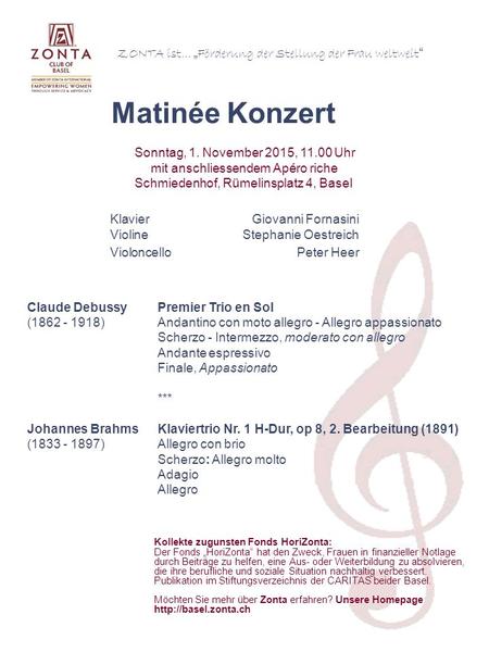 Claude DebussyPremier Trio en Sol (1862 - 1918)Andantino con moto allegro - Allegro appassionato Scherzo - Intermezzo, moderato con allegro Andante espressivo.