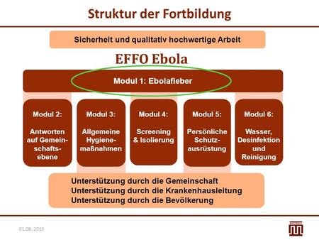 01.08..2015 Struktur der Fortbildung Sicherheit und qualitativ hochwertige Arbeit Modul 1: Ebolafieber Unterstützung durch die Gemeinschaft Unterstützung.