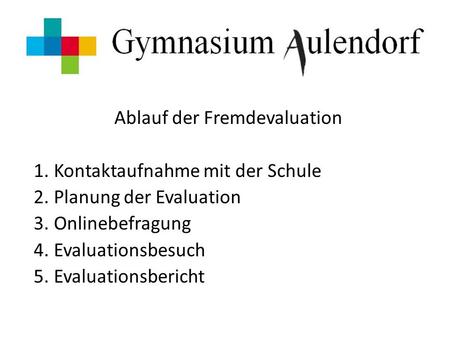 Ablauf der Fremdevaluation 1. Kontaktaufnahme mit der Schule 2. Planung der Evaluation 3. Onlinebefragung 4. Evaluationsbesuch 5. Evaluationsbericht.