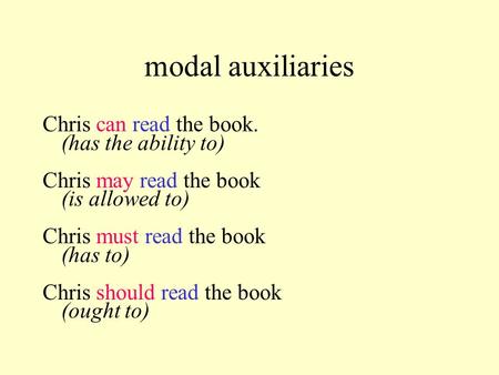 Modal auxiliaries Chris can read the book. (has the ability to) Chris may read the book (is allowed to) Chris must read the book (has to) Chris should.