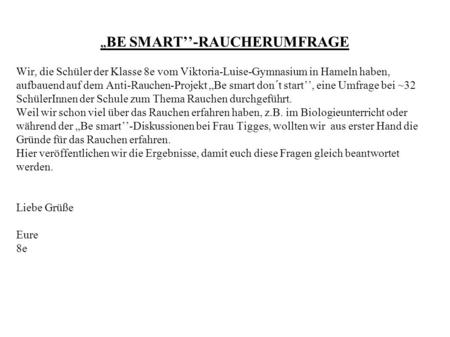 „BE SMART’’-RAUCHERUMFRAGE