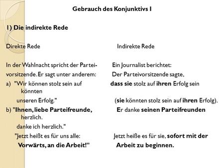Gebrauch des Konjunktivs I 1) Die indirekte Rede Direkte Rede Indirekte Rede In der Wahlnacht spricht der Partei- Ein Journalist berichtet: vorsitzende.