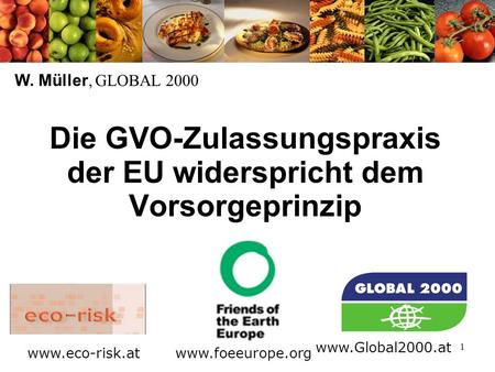 1 Die GVO-Zulassungspraxis der EU widerspricht dem Vorsorgeprinzip W. Müller, GLOBAL 2000 www.foeeurope.org www.Global2000.at www.eco-risk.at.